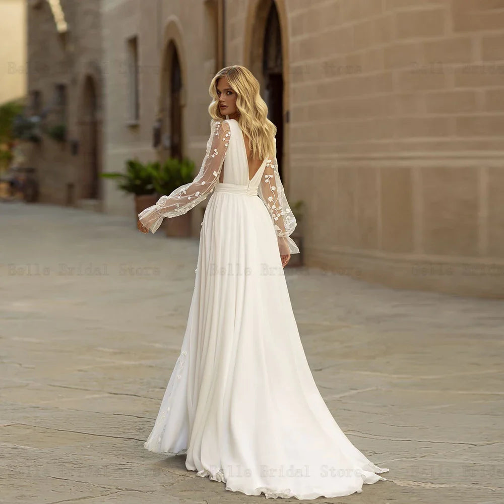 Customized Sexy Wedding Dresses Deep V Neck Bridal Gowns Backless Appliques A-Line Sweep Train Chiffon