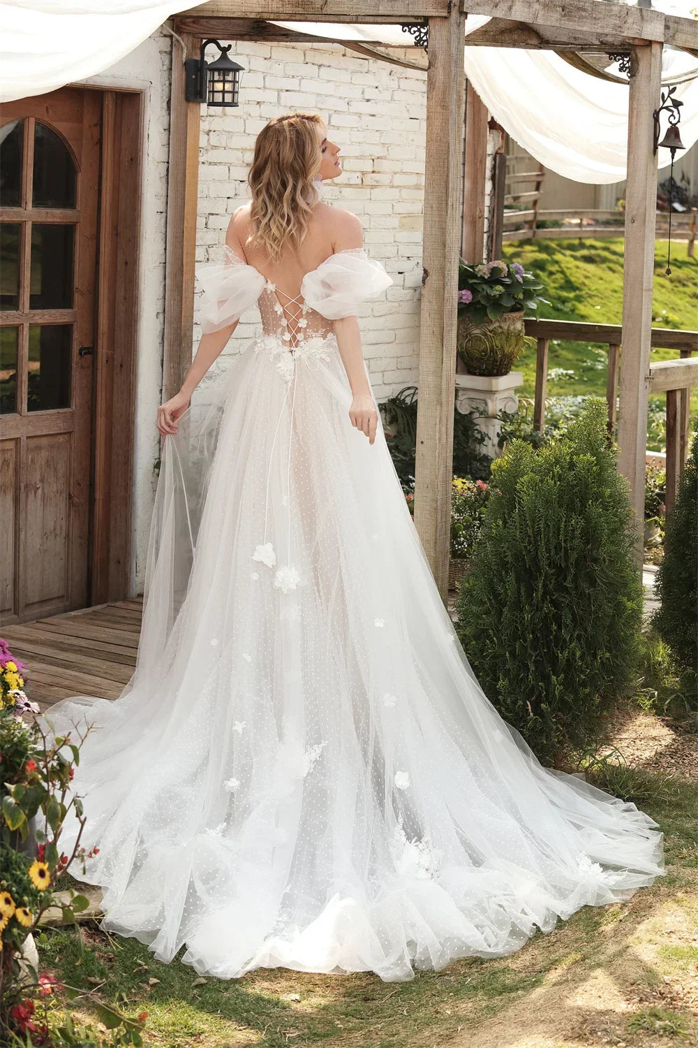 Boho Off The Shoulder V-Neck A-Line Wedding Dresses Formal Plus Size Bridal Gowns