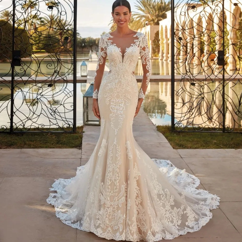 Boho Sheer O-neck Mermaid Wedding Dress with Lace Appliques