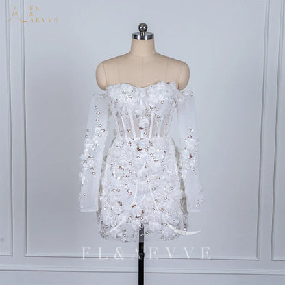 Luxury Beaded Short Wedding Dresses Lace Floral Appliques Long Sleeves Bridal Gown Mini Party Dress Customized