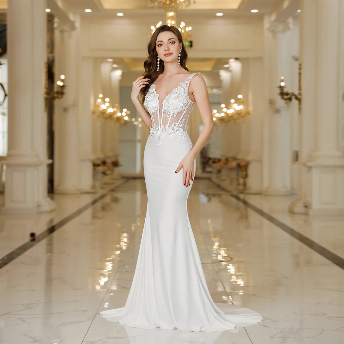 MisShow Elegant Straps Mermaid Wedding Dresses Lace Pearls Backless V Neck Sleeveless Gowns