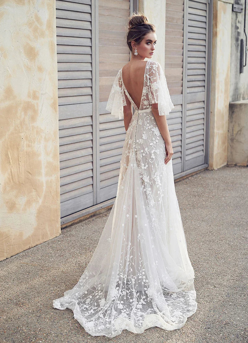 Elegant Women White Lace Wedding Dresses Flare Sleeves Mermaid Gown
