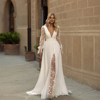 Customized Sexy Wedding Dresses Deep V Neck Bridal Gowns Backless Appliques A-Line Sweep Train Chiffon