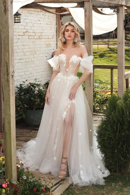 Boho Off The Shoulder V-Neck A-Line Wedding Dresses Formal Plus Size Bridal Gowns