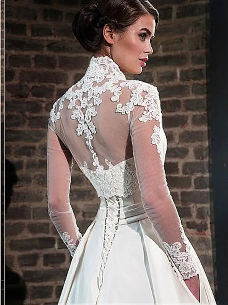 2 Pieces Sweetheart Satin Wedding Dresses A-Line Long Sleeve