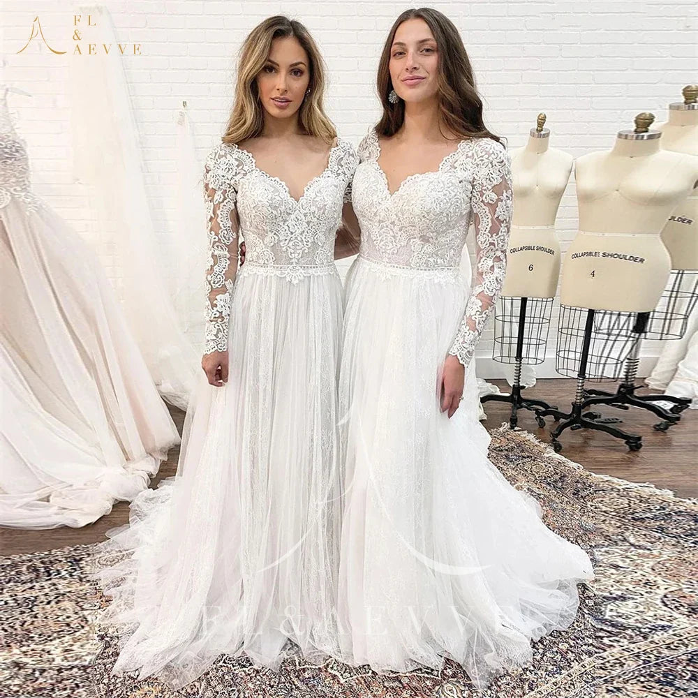 Bohemian Long Sleeves Wedding Dress Corset Low Back Gown
