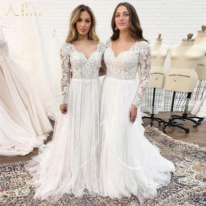 Bohemian Long Sleeves Wedding Dress Corset Low Back Gown