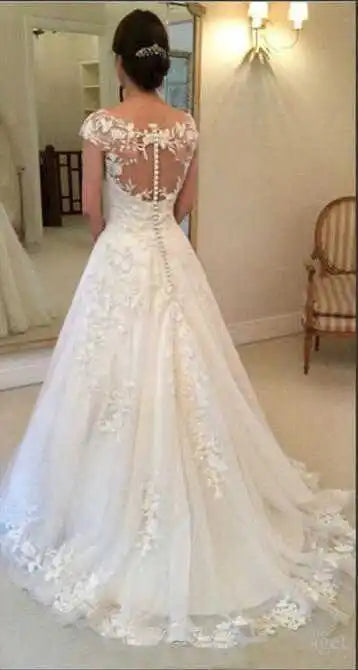 White Elegant Appliqued Wedding Dresses Sheer Back Cap Sleeves A-line Gown