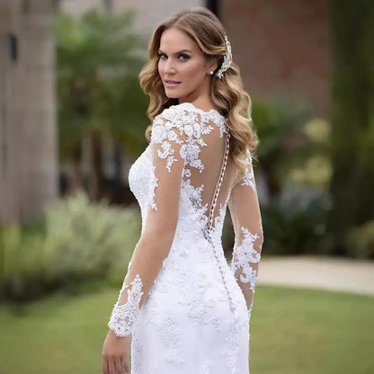 Longsleeve Mermaid Wedding Dresses Luxury Lace Chapel Train Gown Sexy Button Back Vestidos De Fiesta