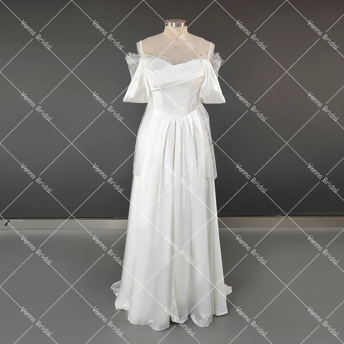 Customized Illusion Tulle Off Shoulder Lace Wedding Gowns A Line Long Sleeves Ruched Satin Bridal Dress