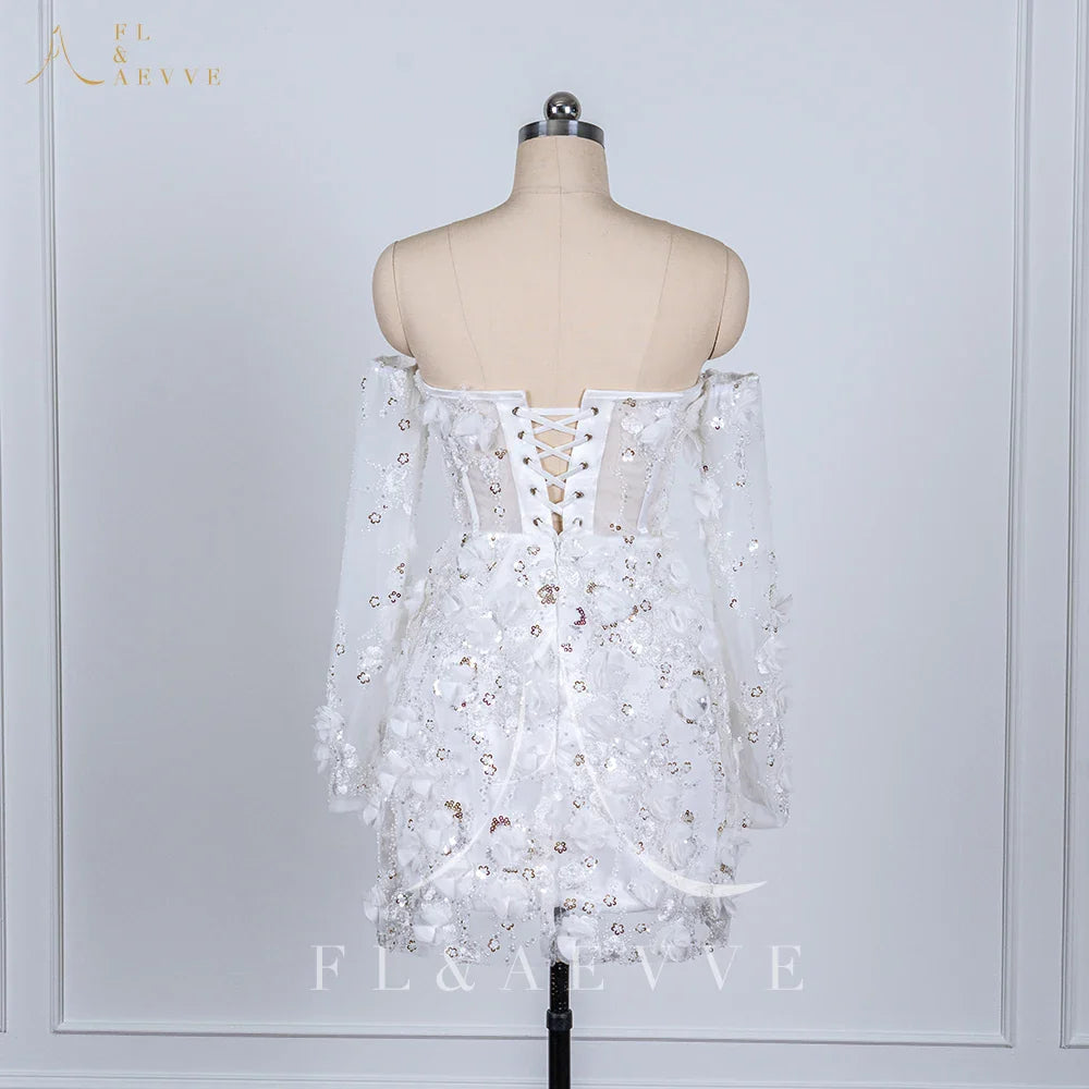 Luxury Beaded Short Wedding Dresses Lace Floral Appliques Long Sleeves Bridal Gown Mini Party Dress Customized