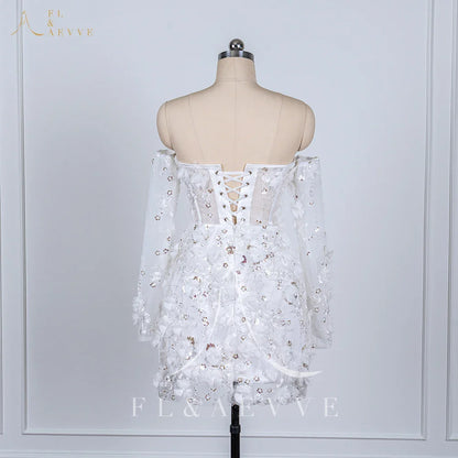 Luxury Beaded Short Wedding Dresses Lace Floral Appliques Long Sleeves Bridal Gown Mini Party Dress Customized