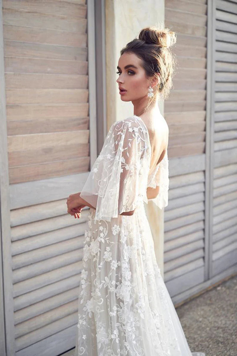 Elegant Women White Lace Wedding Dresses Flare Sleeves Mermaid Gown