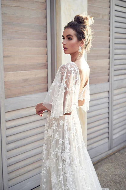 Elegant Women White Lace Wedding Dresses Flare Sleeves Mermaid Gown