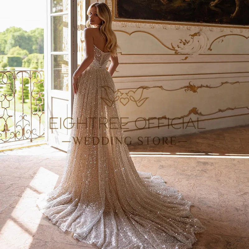Formal Strapless Mermaid Wedding Dress with Sequins Pearls Boho Bridal Gown