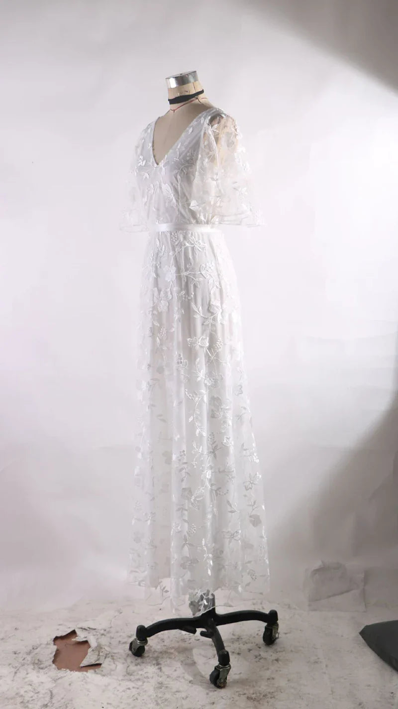 Elegant Women White Lace Wedding Dresses Flare Sleeves Mermaid Gown
