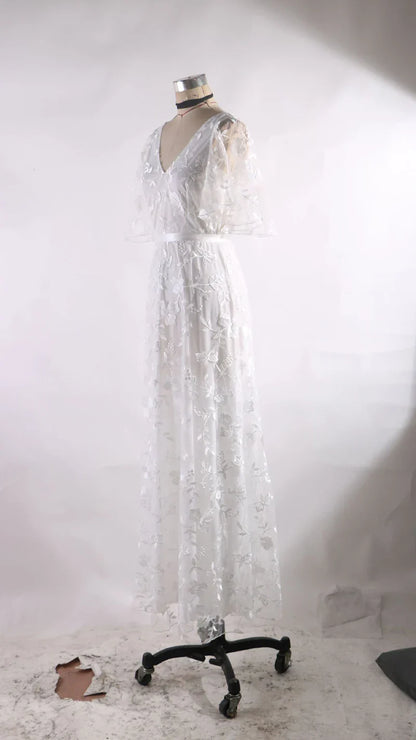 Elegant Women White Lace Wedding Dresses Flare Sleeves Mermaid Gown