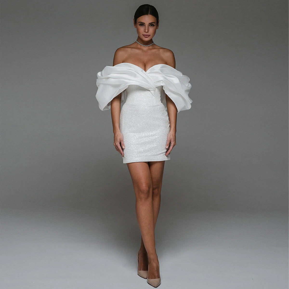 Short Wedding Dress for Bride Off the Shoulder Mini Gown Sheath Backless Glitter Bridal Dress