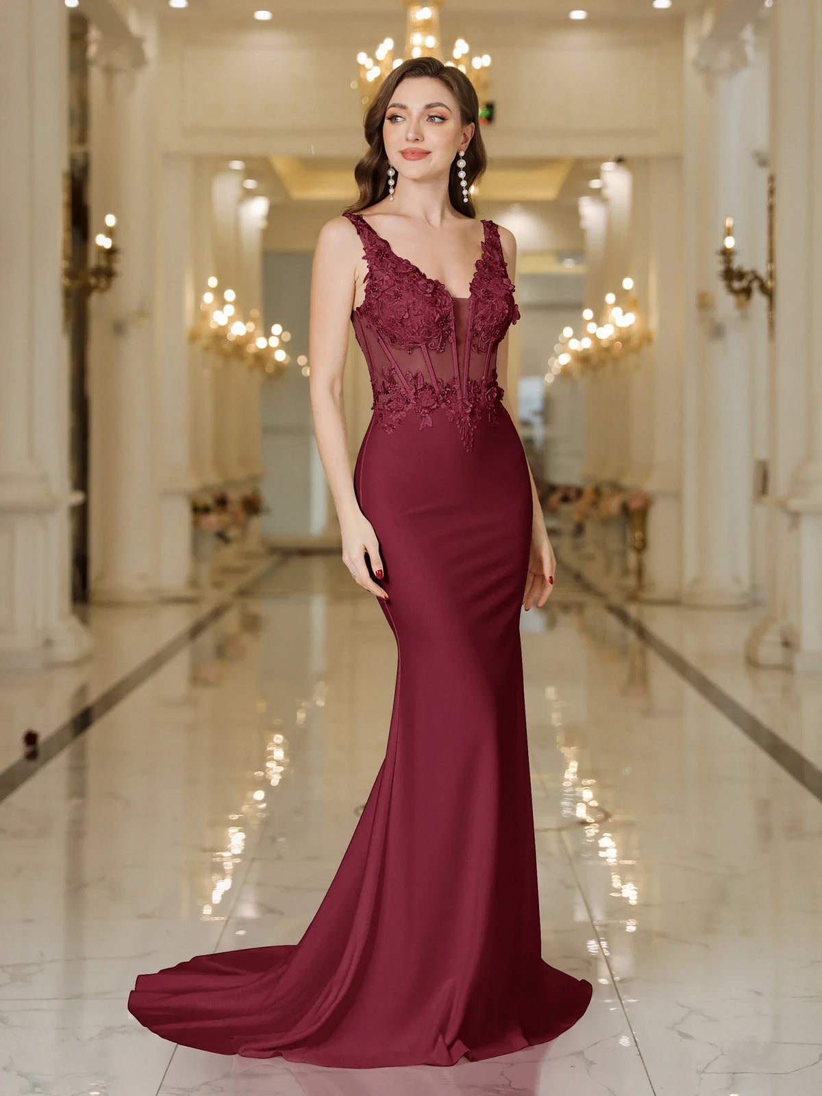 MisShow Elegant Straps Mermaid Wedding Dresses Lace Pearls Backless V Neck Sleeveless Gowns