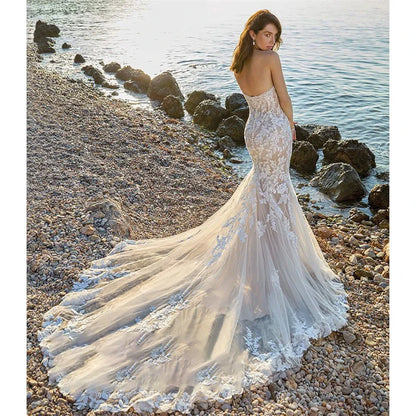 Customized Boho Sexy Strapless V-Neck Mermaid Wedding Dresses