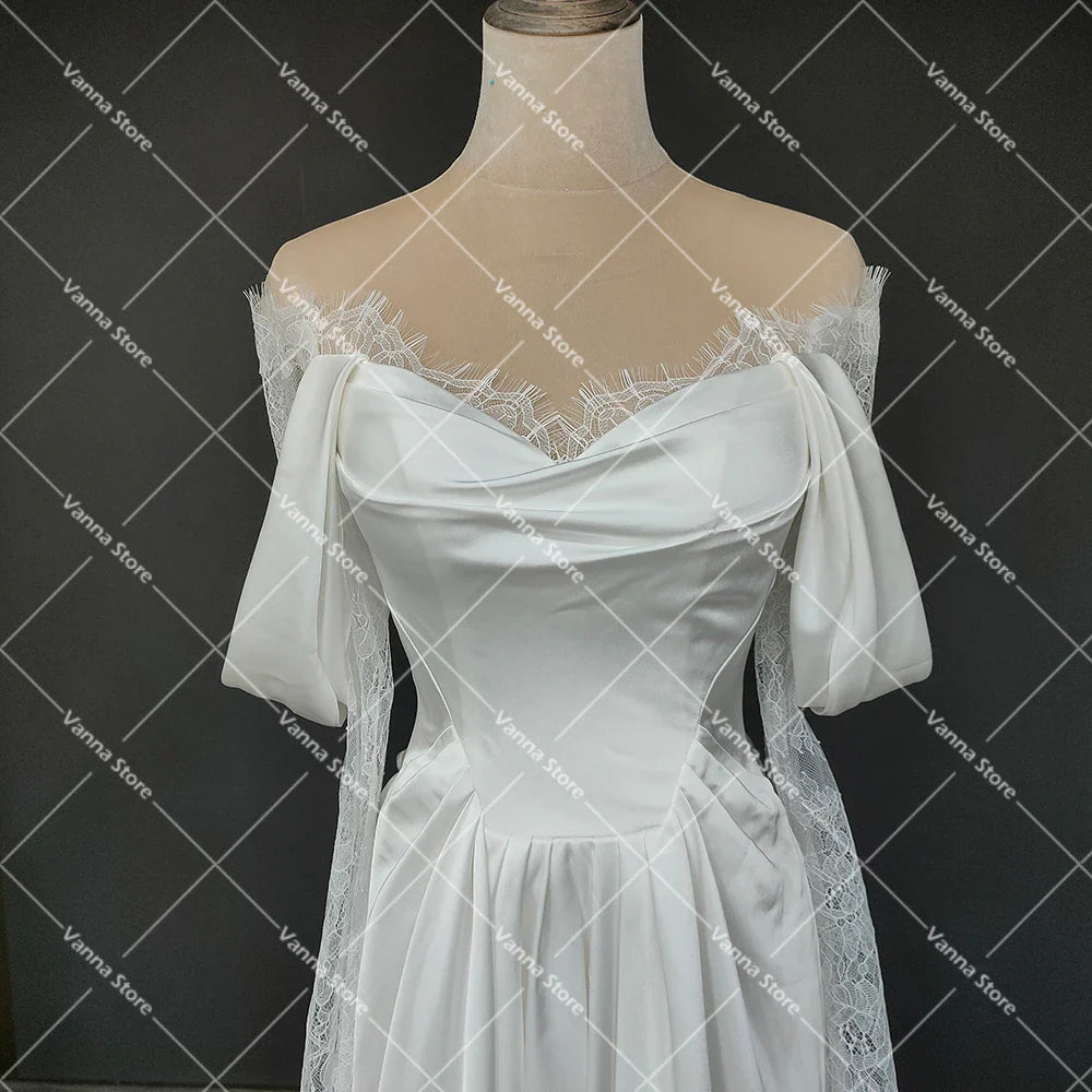 Customized Illusion Tulle Off Shoulder Lace Wedding Gowns A Line Long Sleeves Ruched Satin Bridal Dress