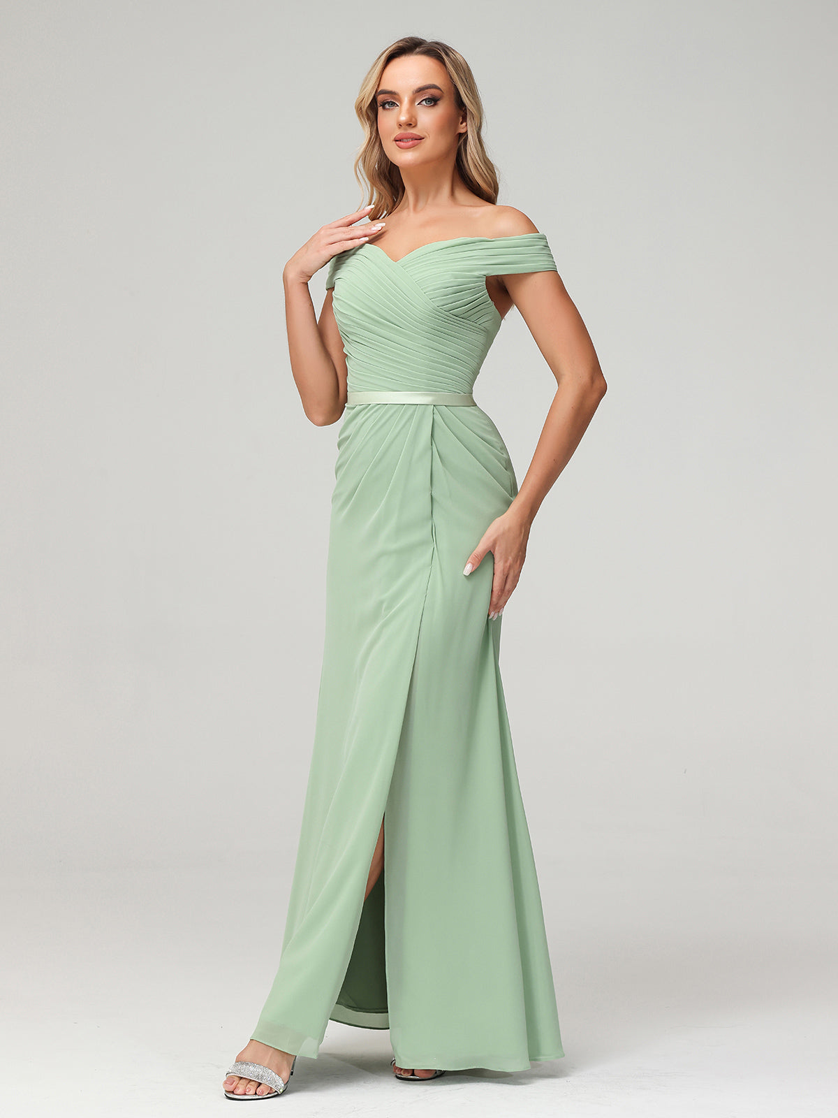 Chiffon Off Shoulder Dresses with Slit-Dusty Sage