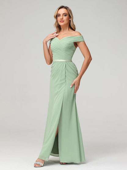 Chiffon Off Shoulder Dresses with Slit-Dusty Sage