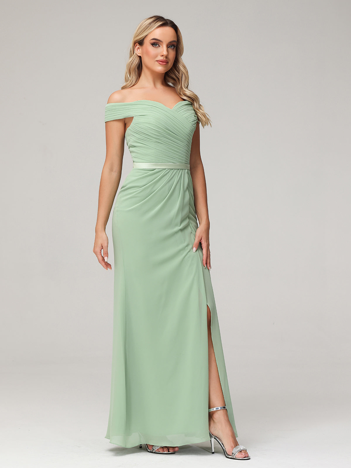 Chiffon Off Shoulder Dresses with Slit-Dusty Sage