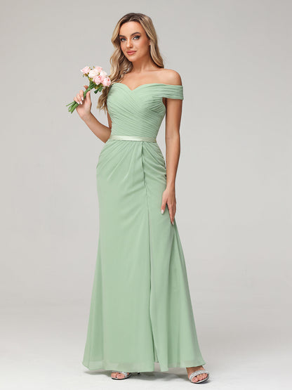 Chiffon Off Shoulder Dresses with Slit-Dusty Sage