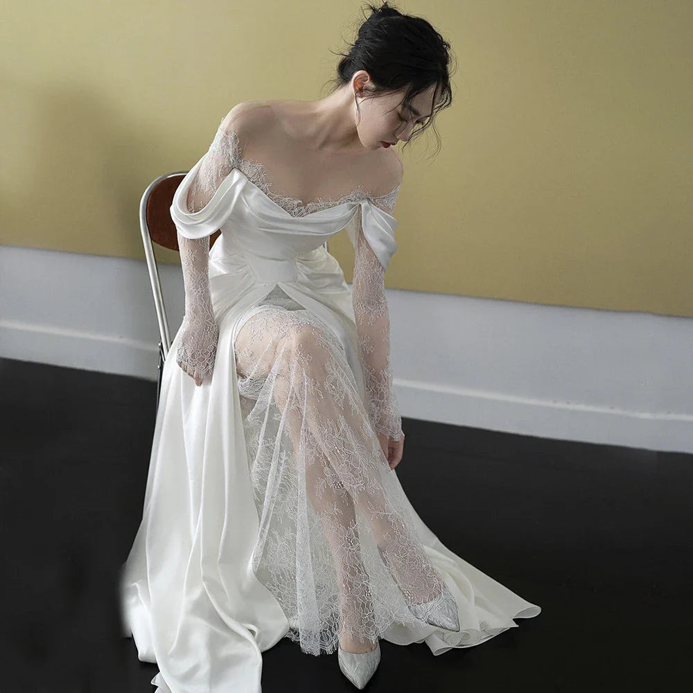 Customized Illusion Tulle Off Shoulder Lace Wedding Gowns A Line Long Sleeves Ruched Satin Bridal Dress