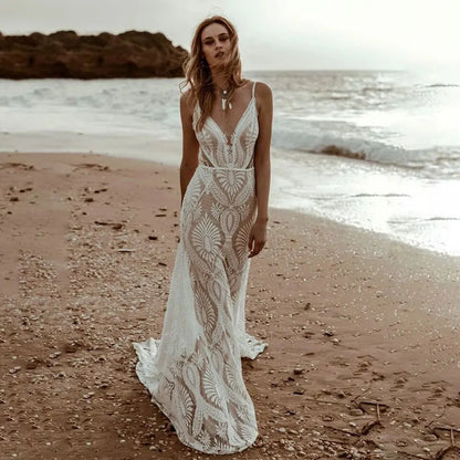 Customized Boho Sexy Lace V Neck Beach Mermaid Wedding Dresses