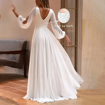 Customized Wedding Dresses for Bride Long Sleeves V Neck Simple Bridal Gown with Pearls