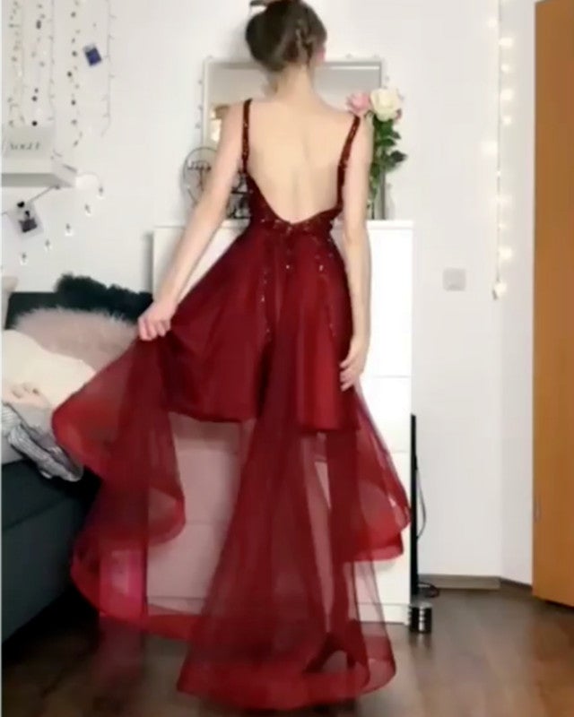 Sequin Beaded V-neck Tulle Prom Dresses Front Short Long Back