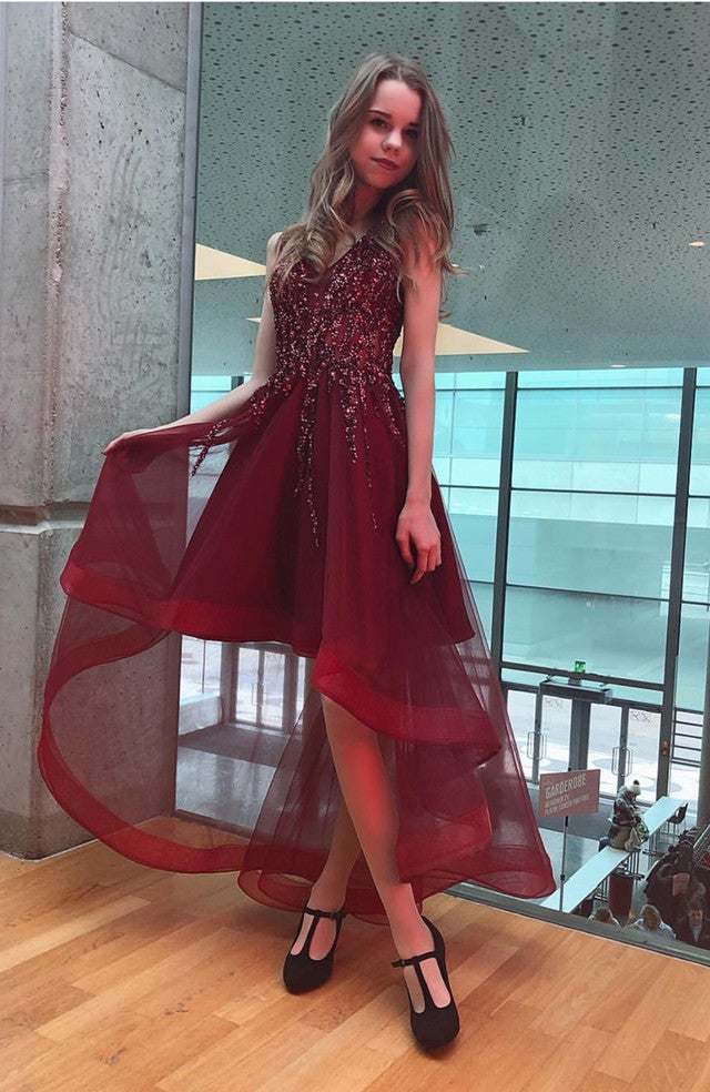 Sequin Beaded V-neck Tulle Prom Dresses Front Short Long Back