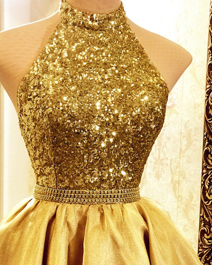 High Low Prom Dresses Tulle Ruffles Sequin Halter