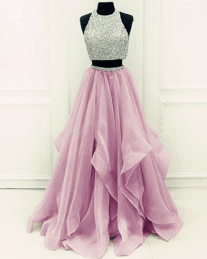 Sequins Beaded Organza Layered Two Piece Ballgowns Prom Dress