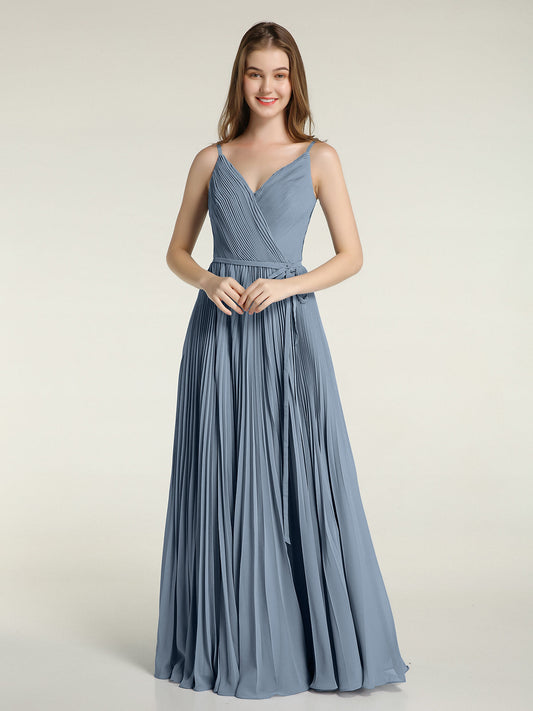V-neck Full Pleated Skirt Dresses with Bow Sash-Dusty Blue