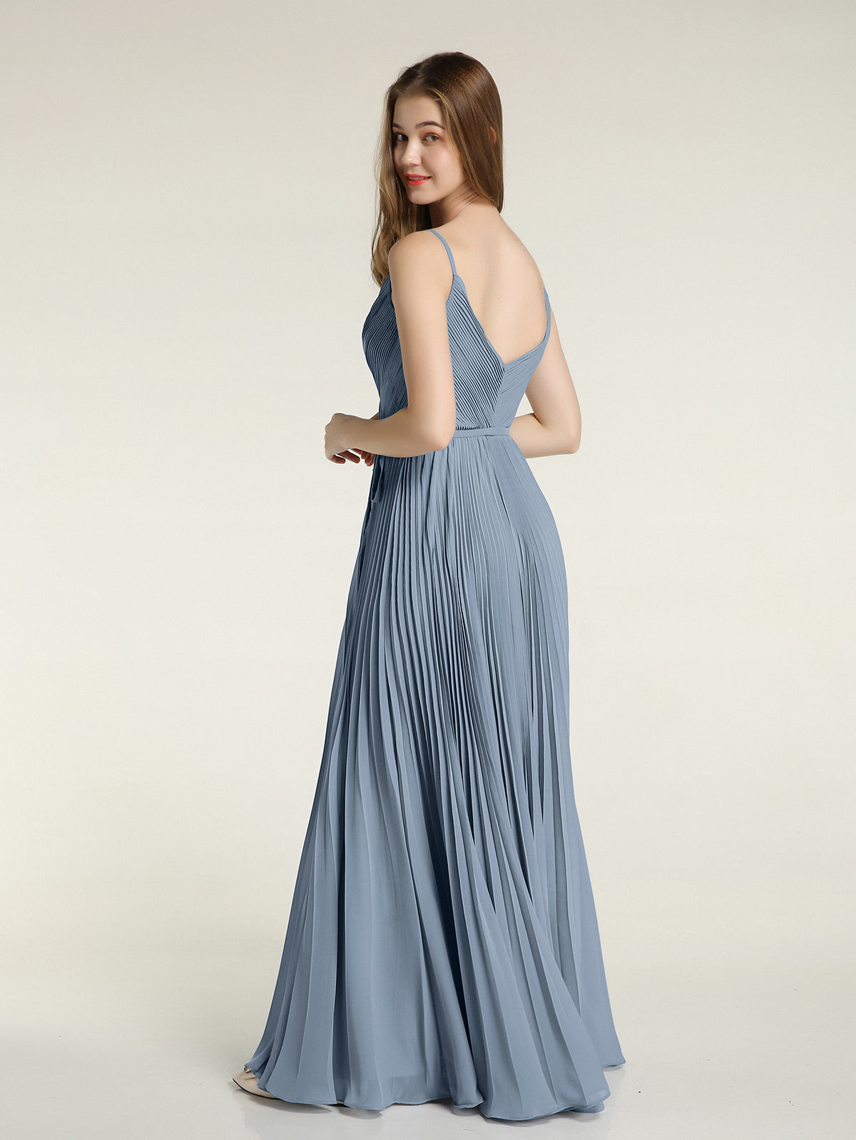 V-neck Full Pleated Skirt Dresses with Bow Sash-Dusty Blue