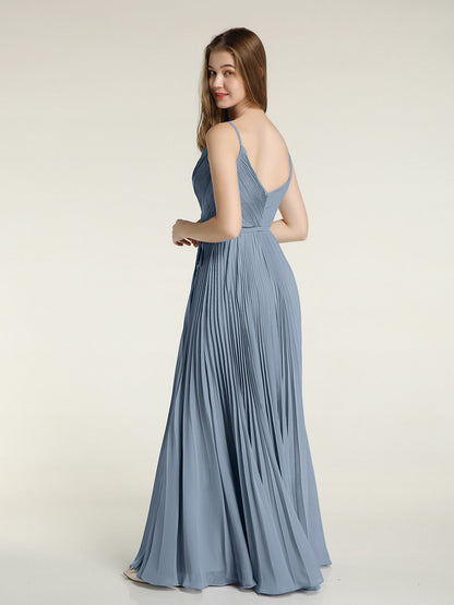 V-neck Full Pleated Skirt Dresses with Bow Sash-Dusty Blue