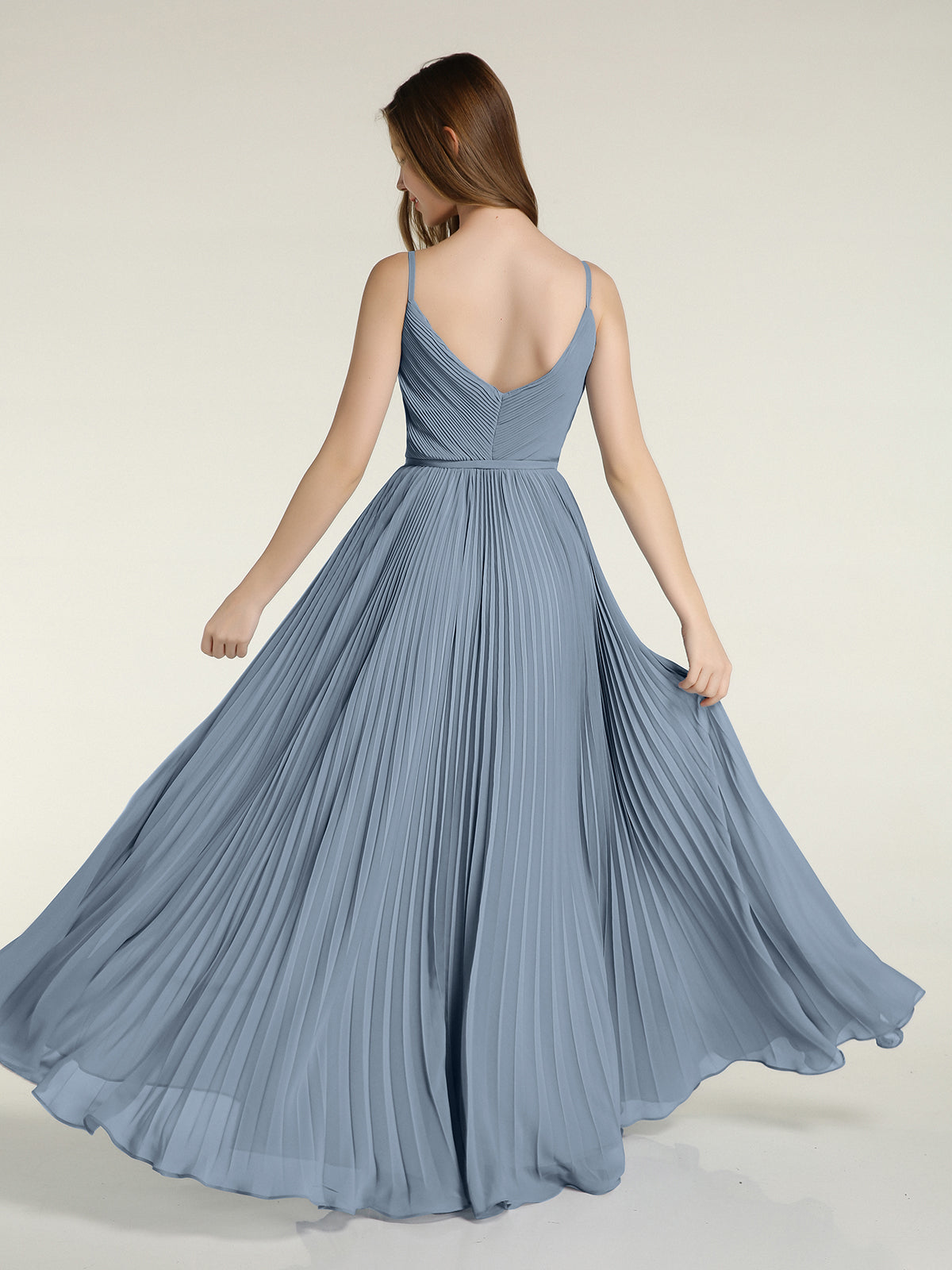 V-neck Full Pleated Skirt Dresses with Bow Sash-Dusty Blue