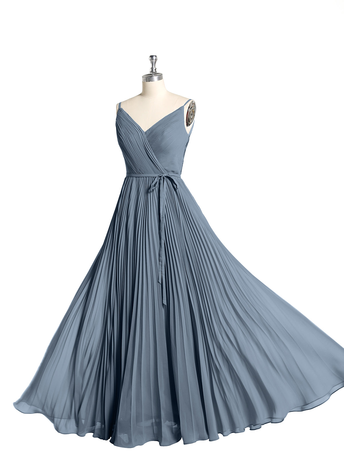 V-neck Full Pleated Skirt Dresses with Bow Sash-Dusty Blue
