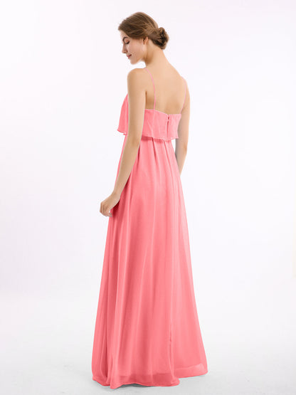 Spaghetti Strap Chiffon Dress with Cascade Skirt-Watermelon