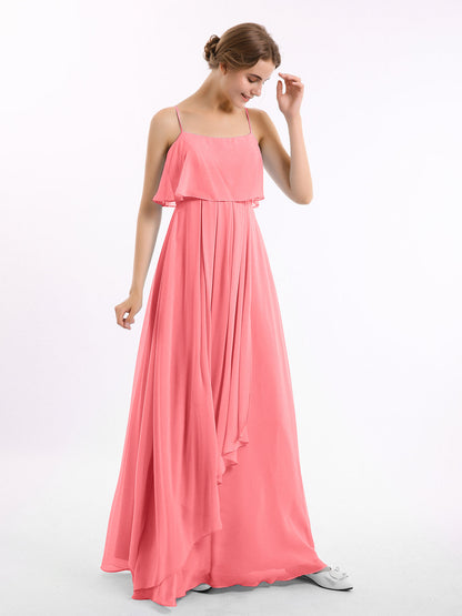 Spaghetti Strap Chiffon Dress with Cascade Skirt-Watermelon