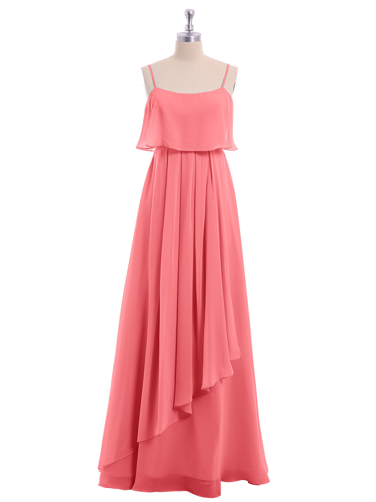 Spaghetti Strap Chiffon Dress with Cascade Skirt-Watermelon