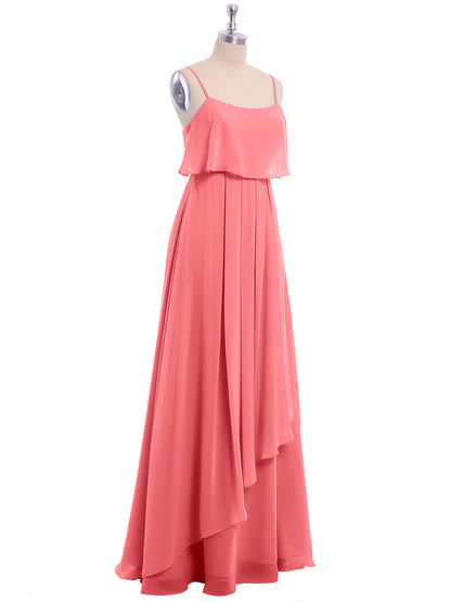 Spaghetti Strap Chiffon Dress with Cascade Skirt-Watermelon