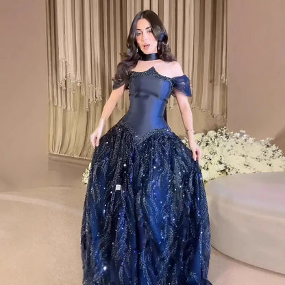 Luxury Arabic Navy A-Line Evening Dress Elegant Party Womens Dresses