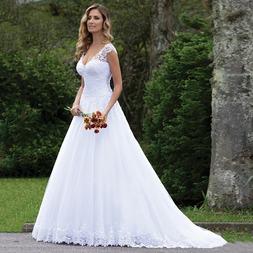 Pure White Wedding Dress Elegant Cap Sleeve Lace Design Customized