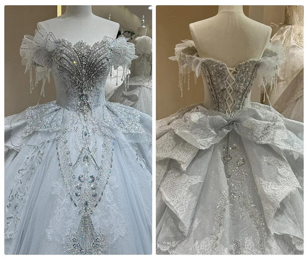 Exquisite Off Shoulder Wedding Dress with Beading and Lace Embellishments for Elegant Bridal Dress