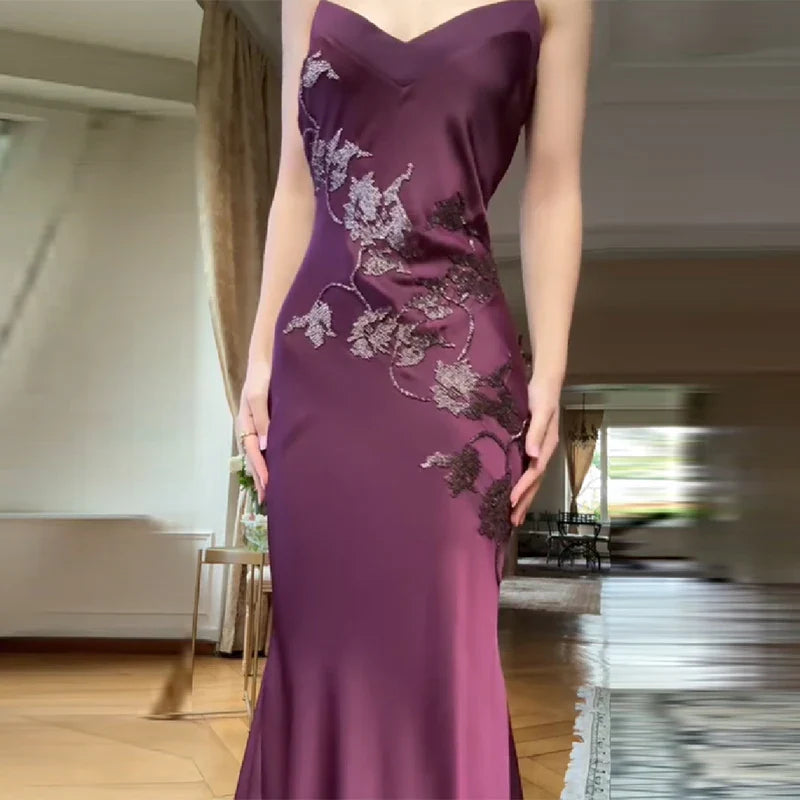 Vintage Elegant Burgundy Spaghetti Strap V-neck Satin Long Prom Dress Evening Dress cc5399
