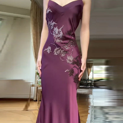 Vintage Elegant Burgundy Spaghetti Strap V-neck Satin Long Prom Dress Evening Dress cc5399